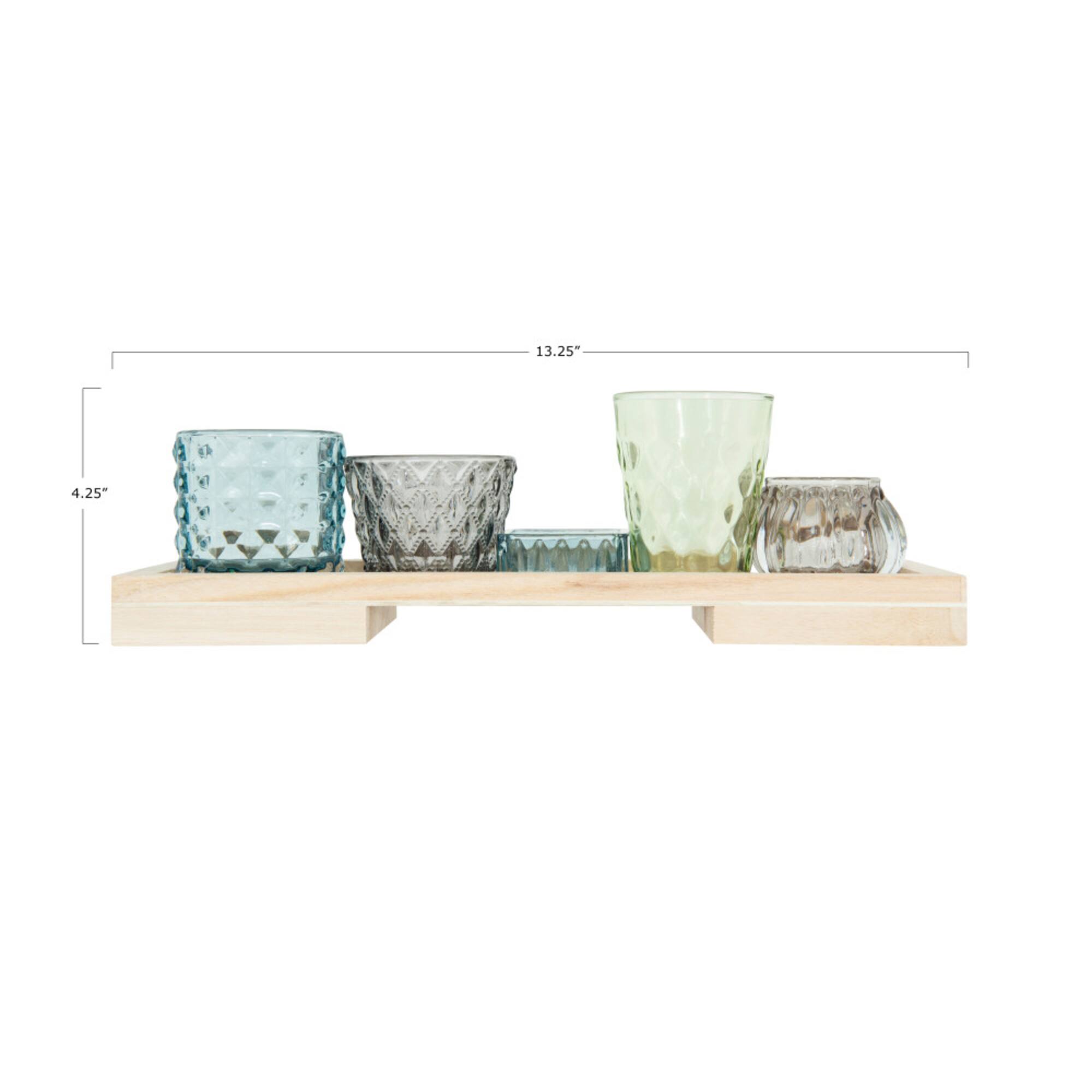 Hello Honey® 13.25" Glass Votive & Tealight Holders On Wood Tray Set